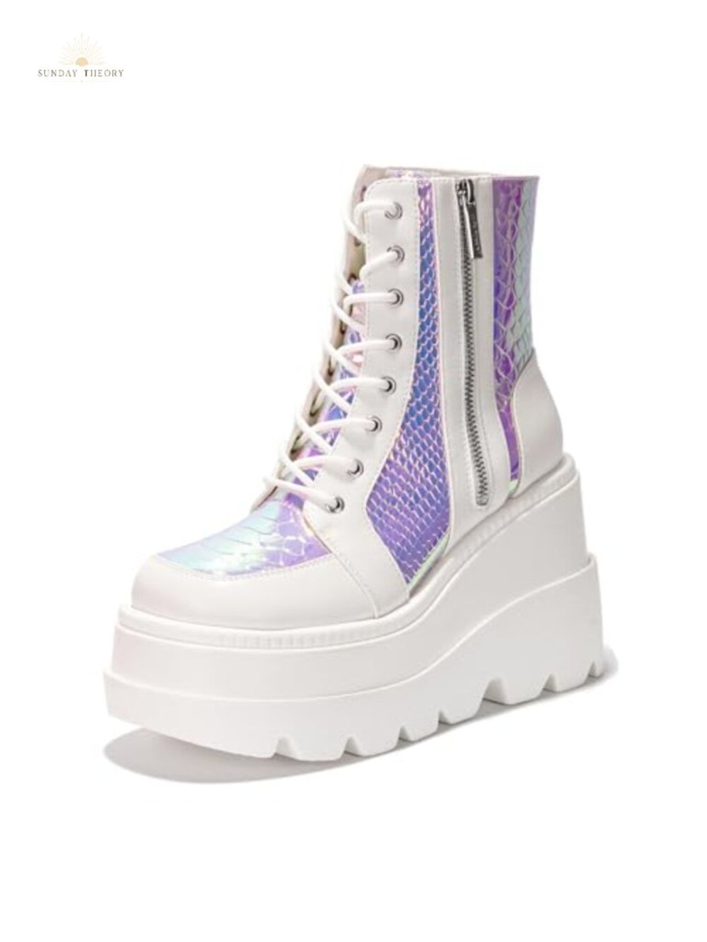 Holographic Snakeskin Platform Ankle Boots Chunky Block Heel Y2K